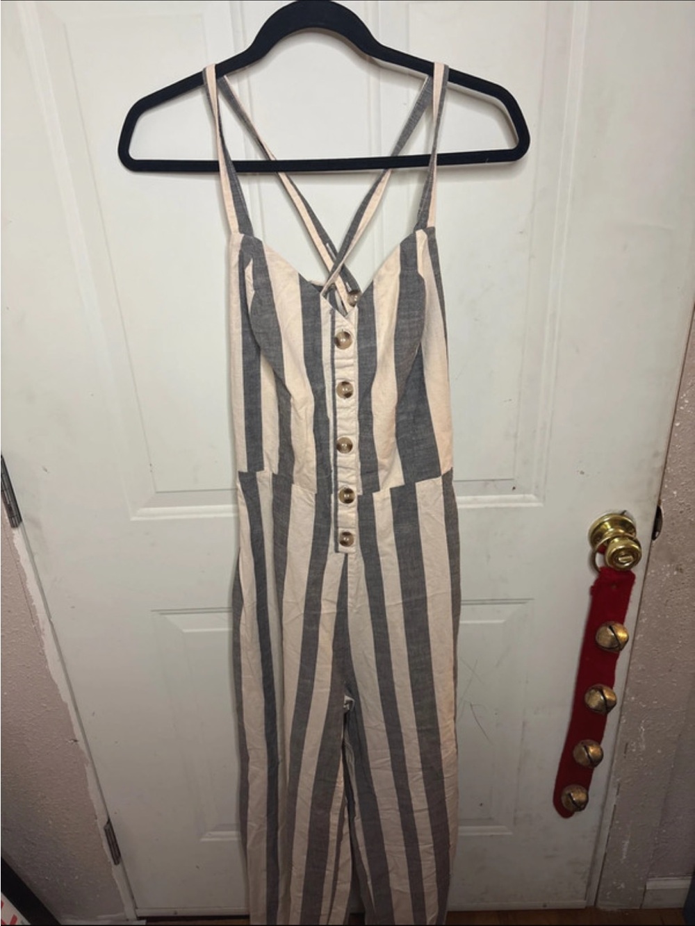 Japna Striped Sleeveless Jumpsuit in Beige and Gray